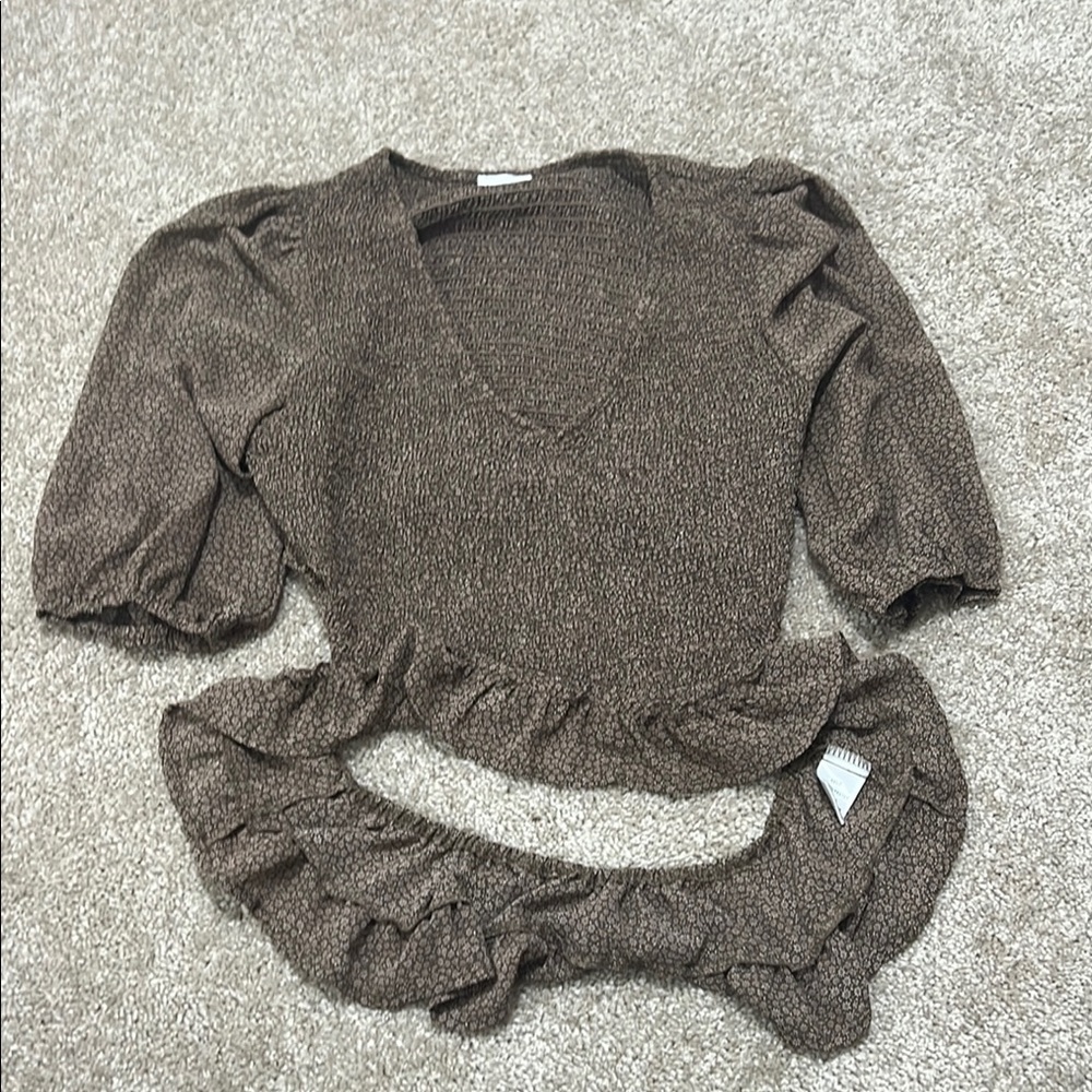 Brown Ruffled V-Neck Top